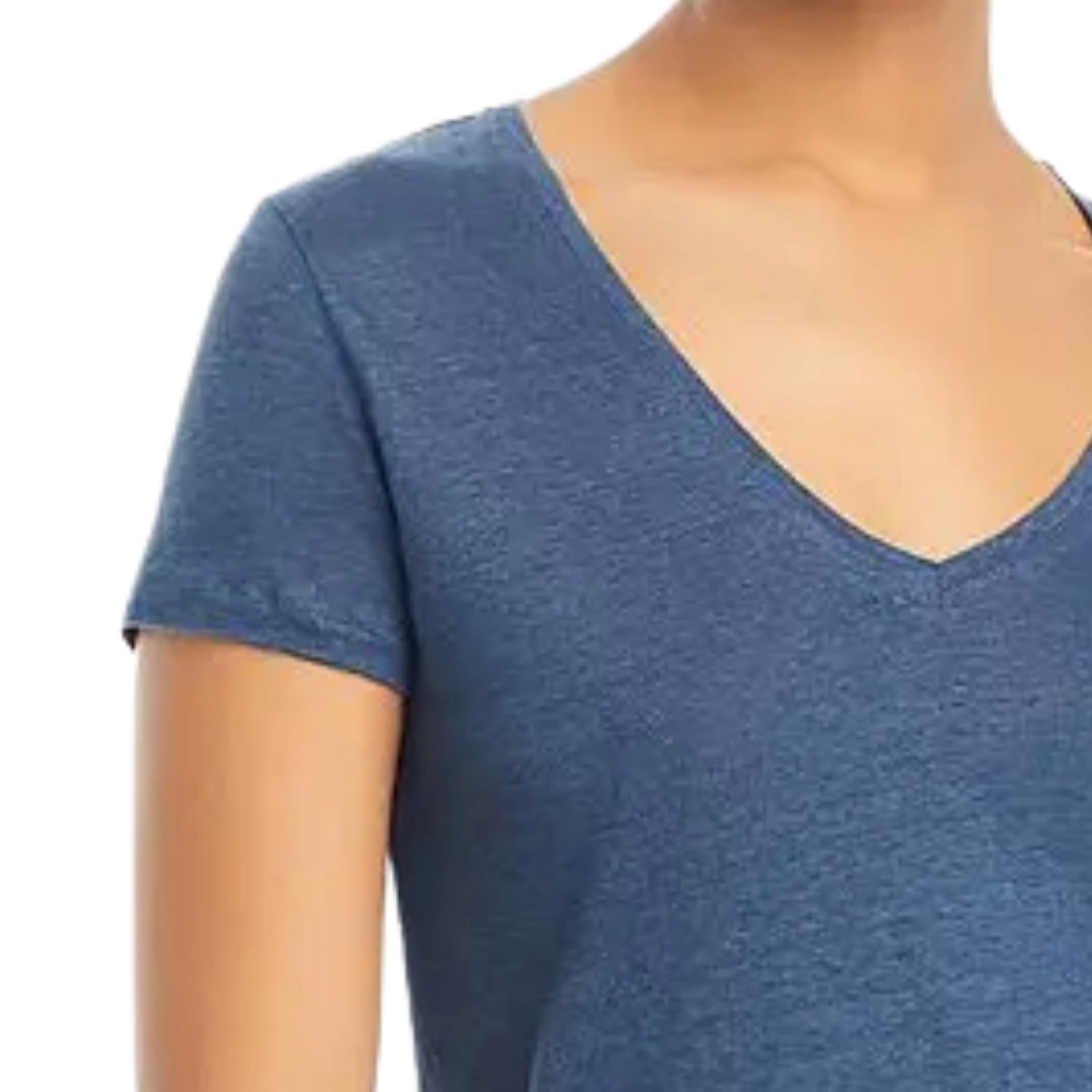 MAJESTIC FILATURES Stretch Linen Short Sleeve Semi Relaxed V-Neck Tee in bleu taormina - women's t-shirt - detail view
