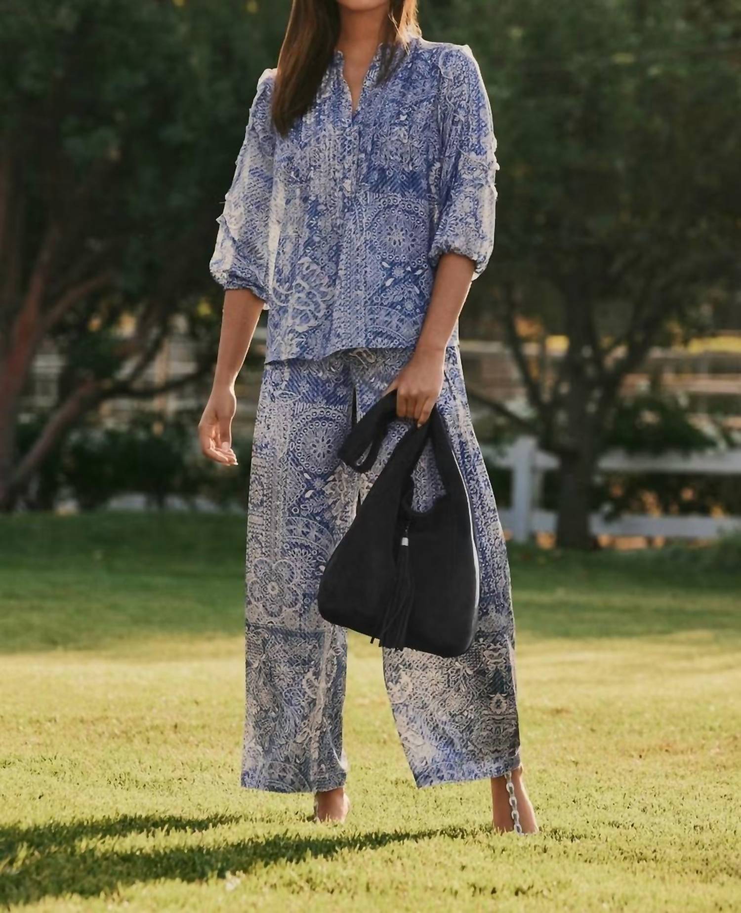 Johnny Was Zeeland Silk Blouse in denim print - women's blouse - view 4