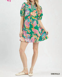 Umgee - Jacquard Paisley Print Puff Sleeve Mini Tunic Dress