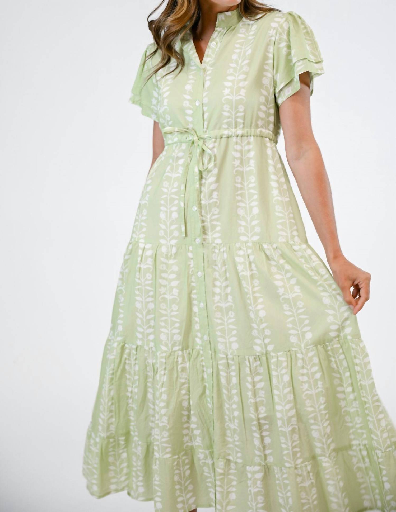 VICTORIA DUNN Magnolia Flutter Maxi Dress in botanical vine - women's dress - detail view