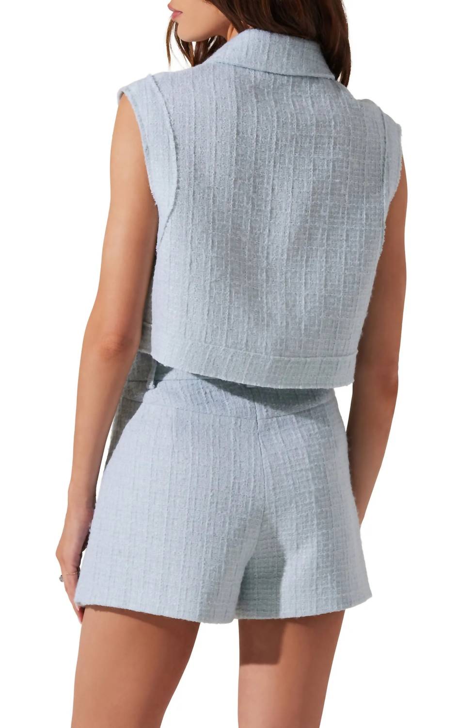 ASTR Jhene Sleeveless Tweed Top in blue - women's shirt - detail view