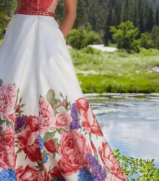 Paparazzi By Mori Lee - Beaded Bodice Floral Printed Satin Ball Gown