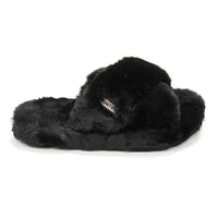 HUNTER Women's Faux Fur Flatform Crossover Slides in black - women's shoe - alternate view