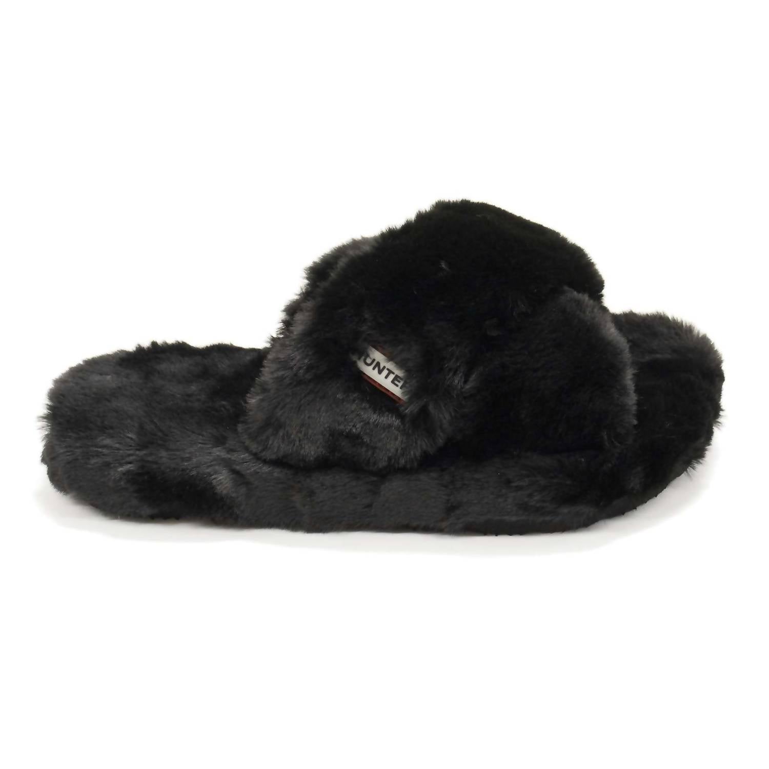 HUNTER Women's Faux Fur Flatform Crossover Slides in black - women's shoe - alternate view