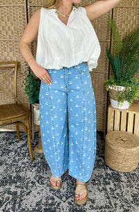 Peach Love - Cherry Print Washed Denim Gypsy Fit Pants