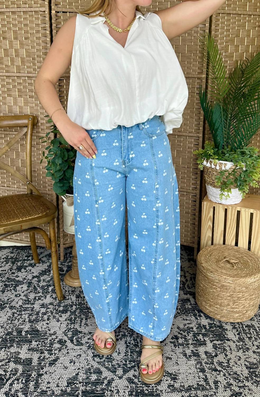 Peach Love - Cherry Print Washed Denim Gypsy Fit Pants