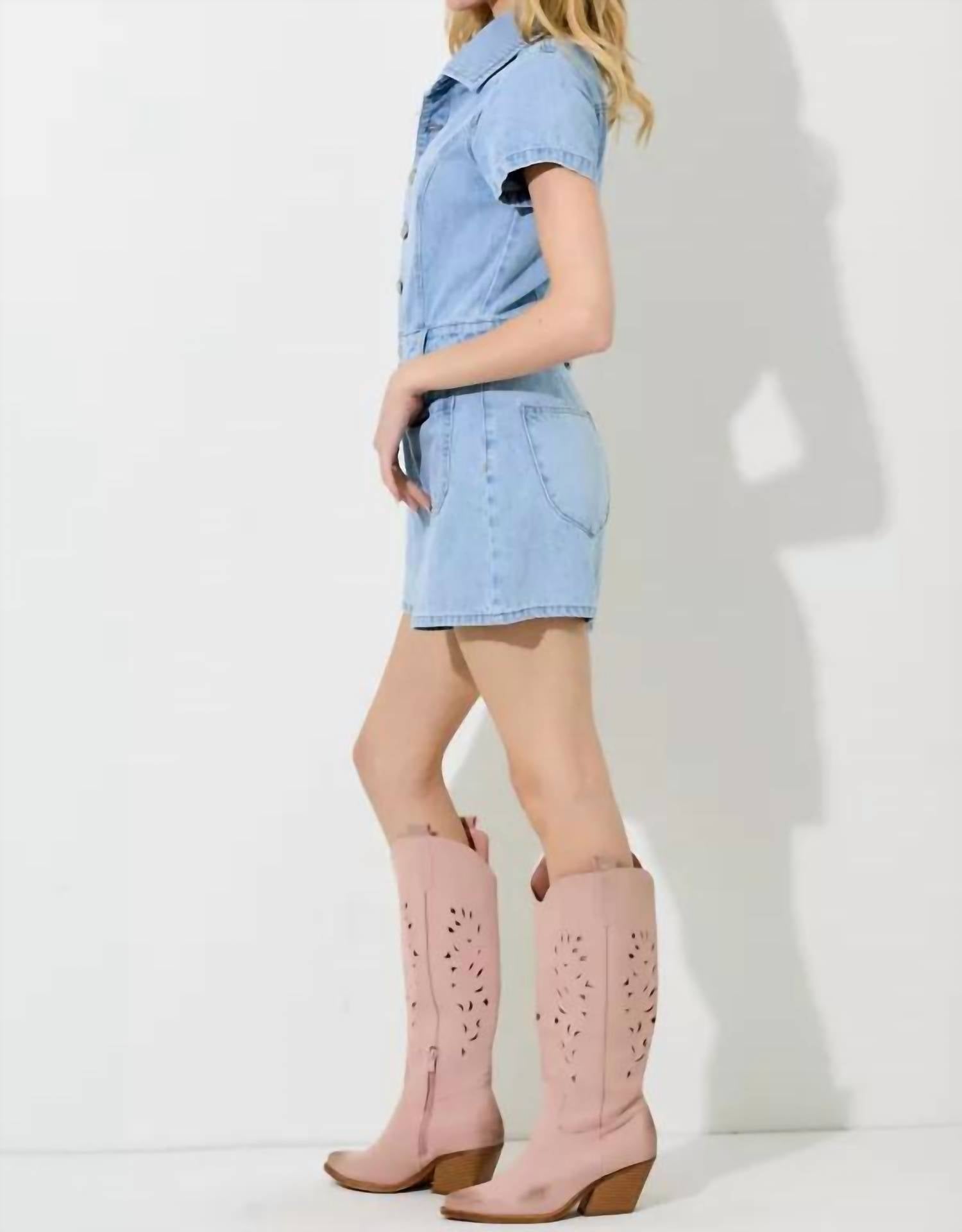 Polagram - Women's Washed Denim Short Sleeve Jumpsuit