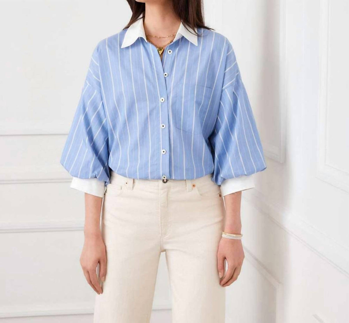 Karen Kane - Stripe Lantern Sleeve Button-Up Shirt
