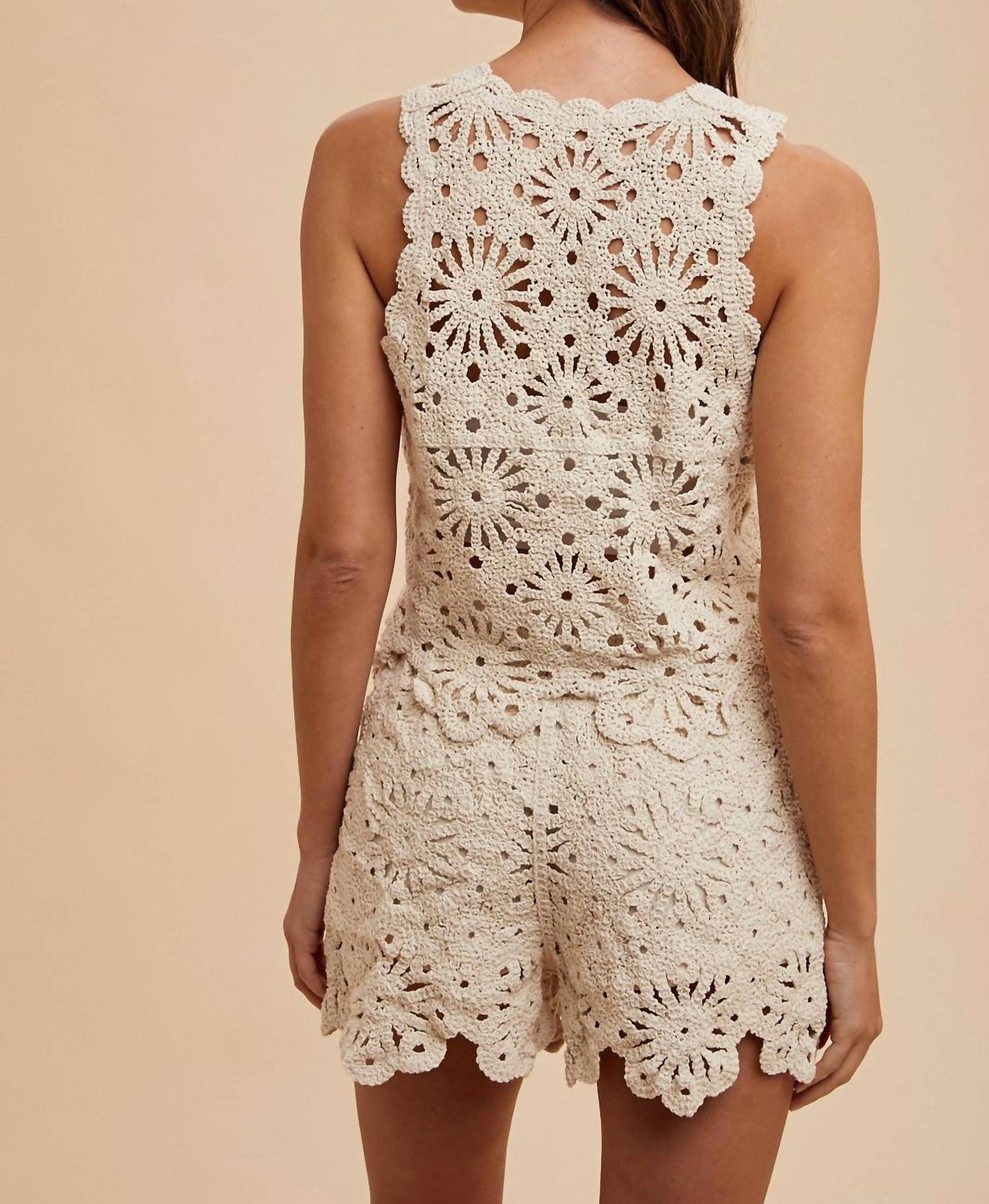 Anniewear - Bohemian Sol Crochet Tank Top And High-waisted Shorts Set