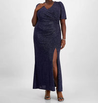 Alex Evenings Metallic-knit Surplice-neck Gown in navy - women's dress