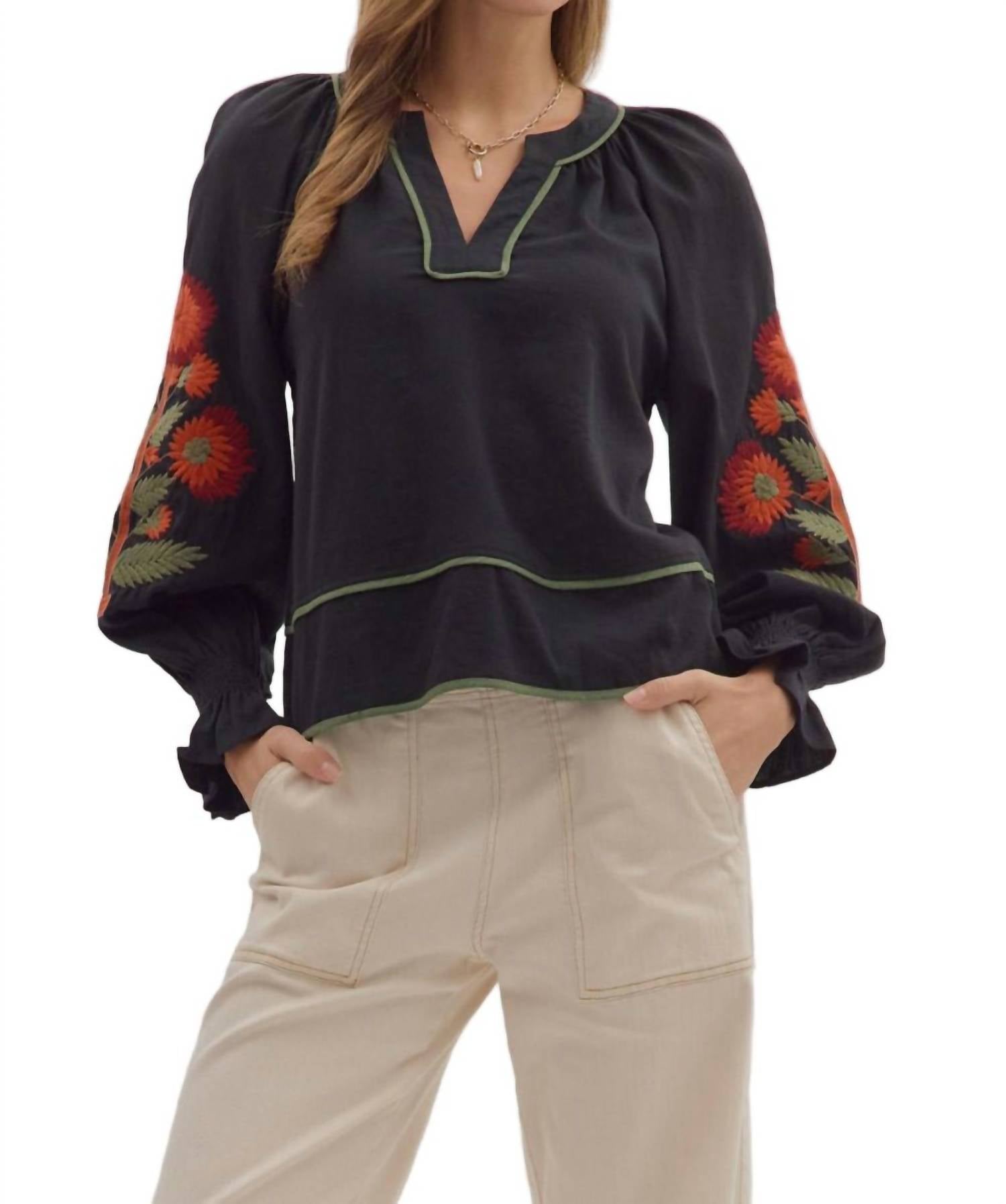Entro - Solid Long Puff Sleeve Top