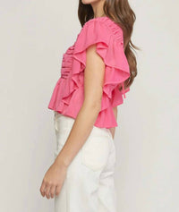 Entro - Solid V-neck Butterfly Sleeve Top
