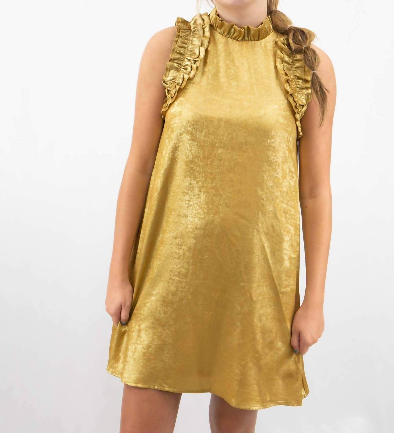 Tcec - Metallic Ruffle Neckline Mini Dress