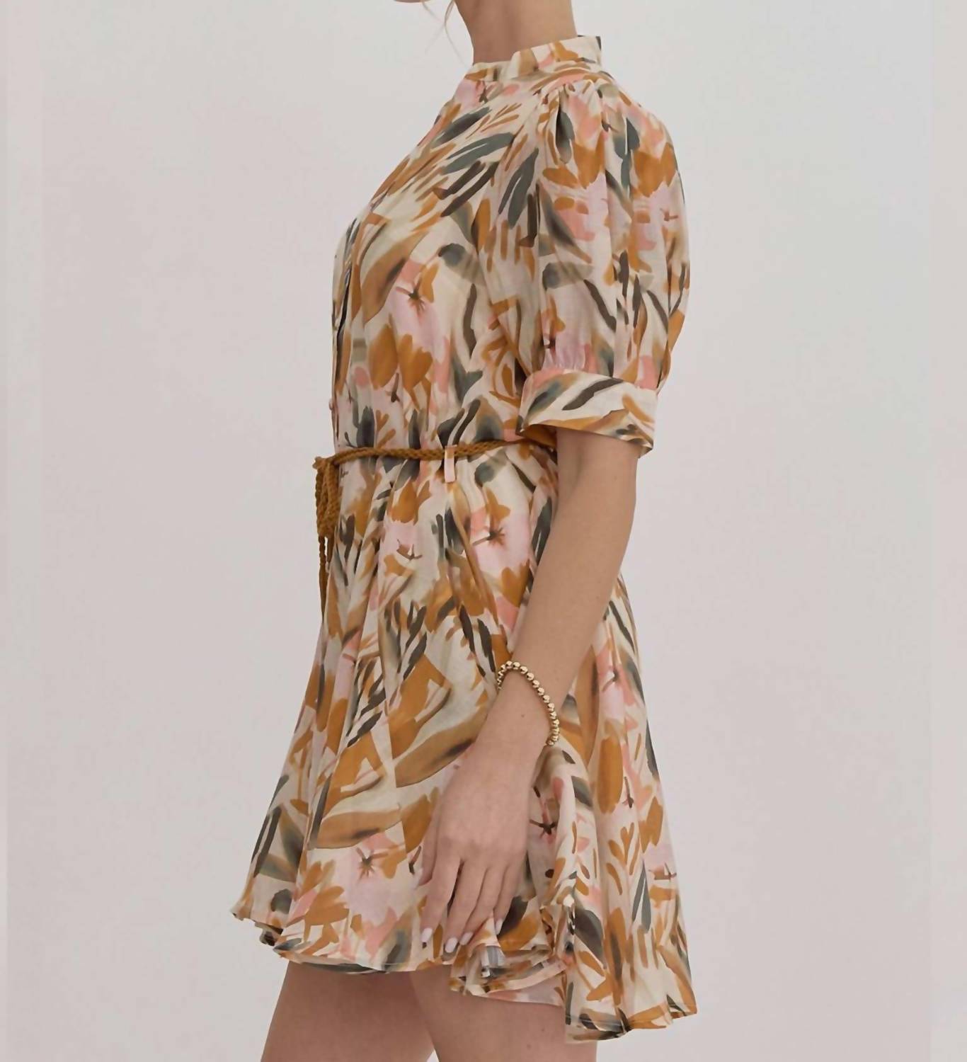 Entro - Women's Leaf Print Braided Belt Shirt Dress