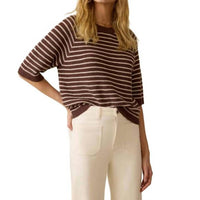 Faherty Women's Miramar Sweater Top in cocoa sand stripe - women's t-shirt - detail view