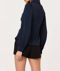 ASTR Simran Collared V-neck Ruched Top in navy - women's blouse - alternate view