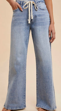 Anniewear - Waist Strap Detail Stretch Side Slit Wide Leg Jean