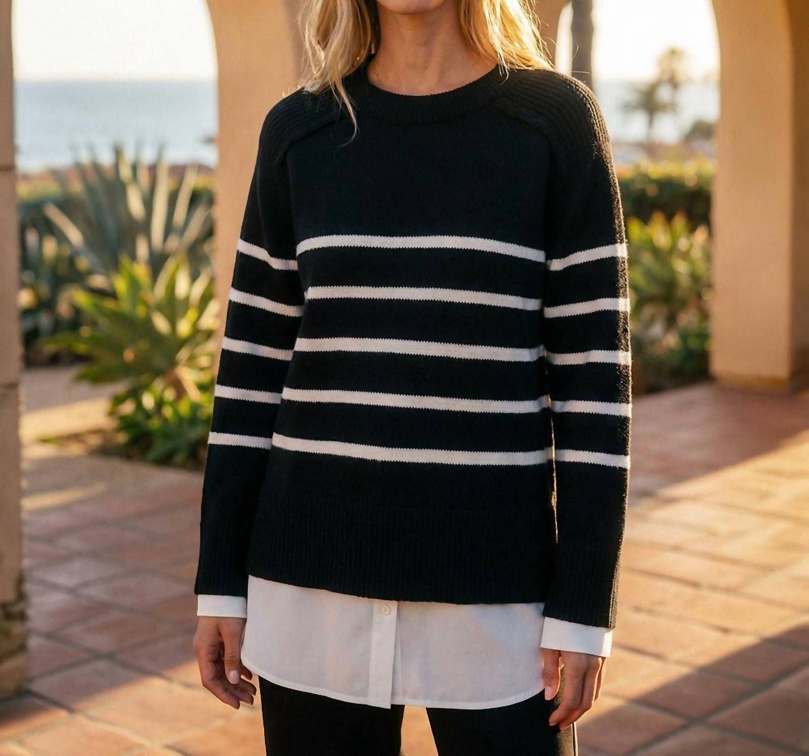Karen Kane - Layered Stripe Crewneck Sweater