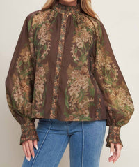 Flying Tomato - Balloon Sleeve Botanical Printed Blouse