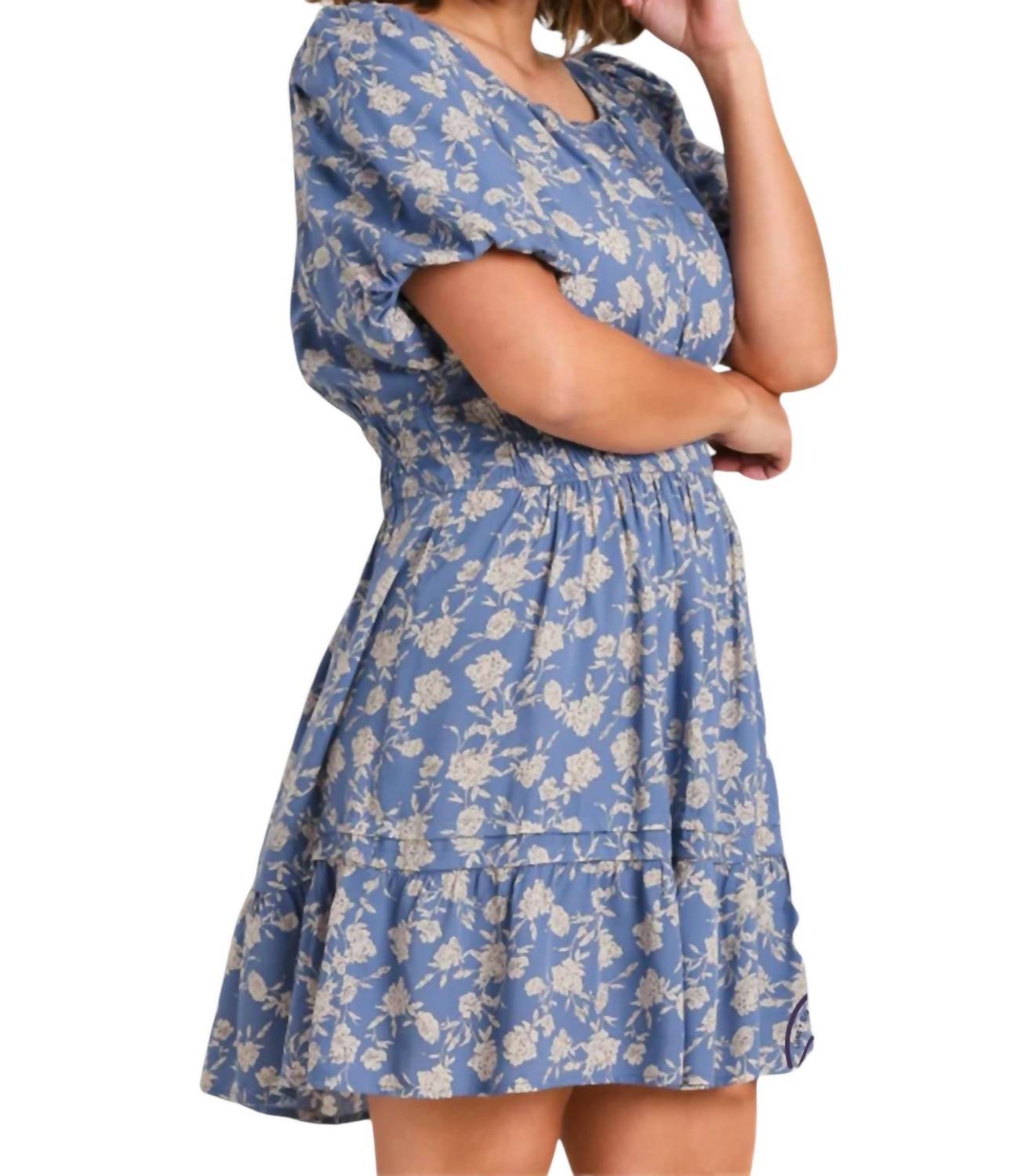 Umgee - Split Neck Floral Puff Sleeve Dress With Smocked Waistband
