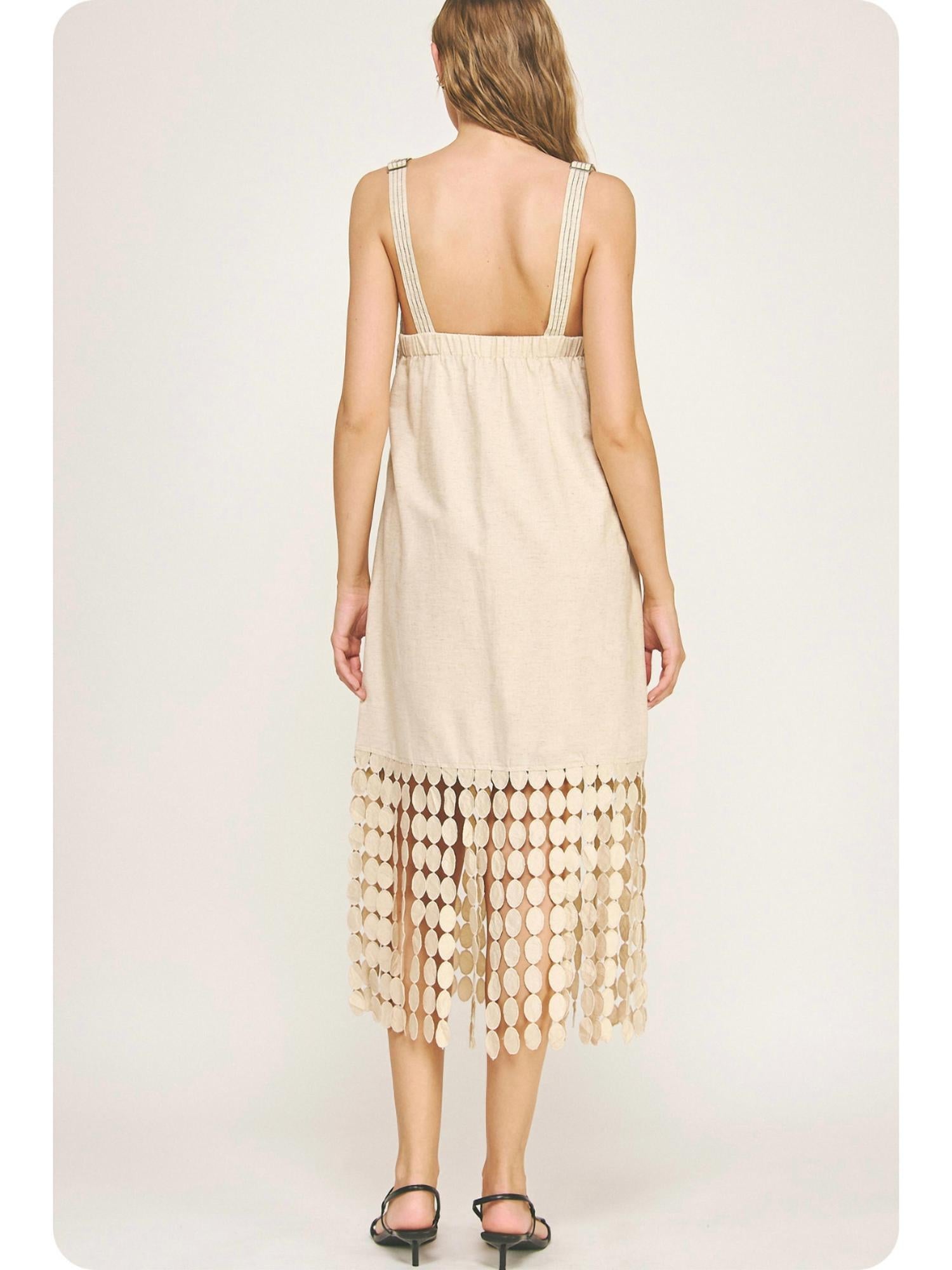 Strut & Bolt Rosemary Dotted Lace Fringe Linen Dress in beige - women's dress - detail view