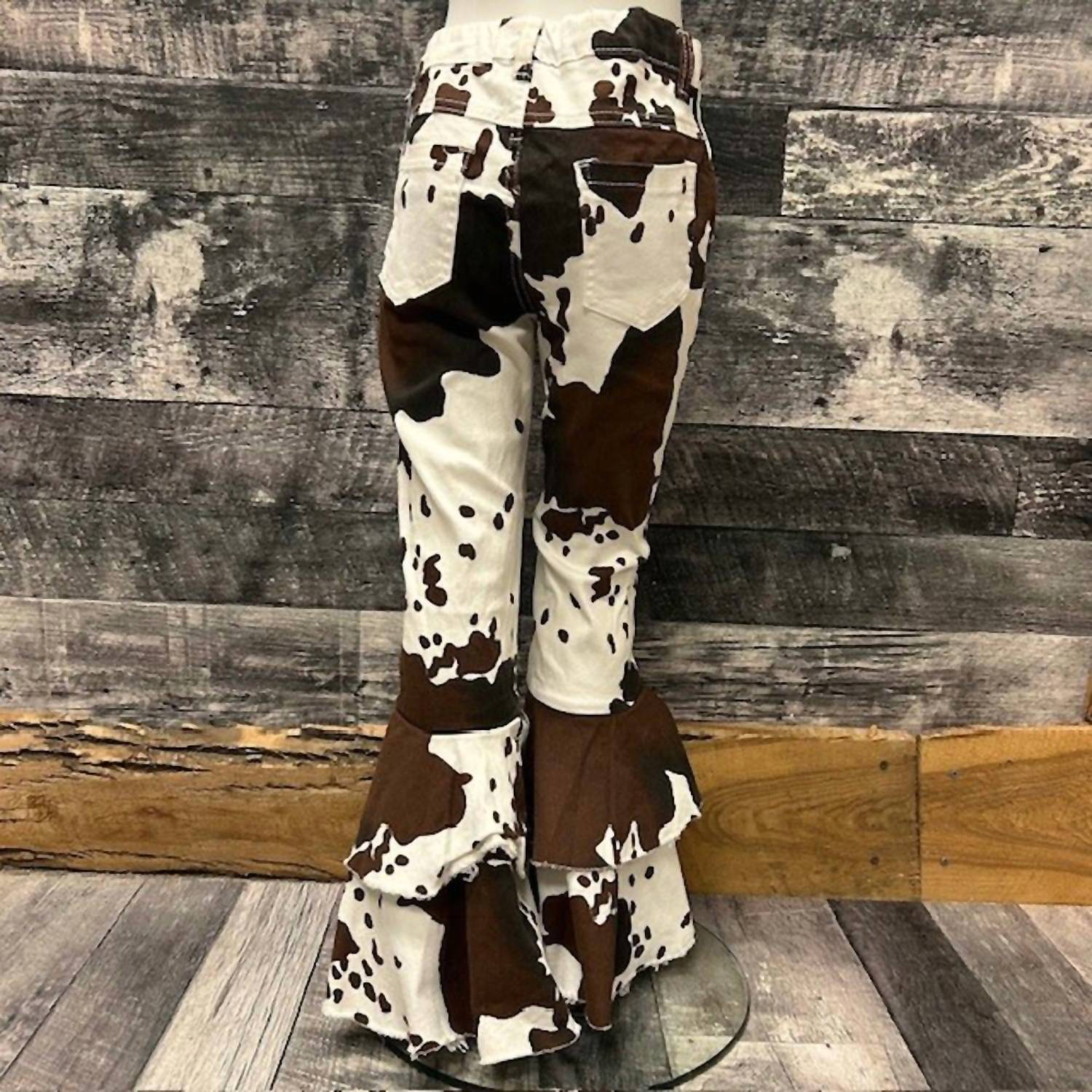 BRATTI MATI Girls Cow Double Bell Bottom Jean in white brown - kids' jeans - detail view