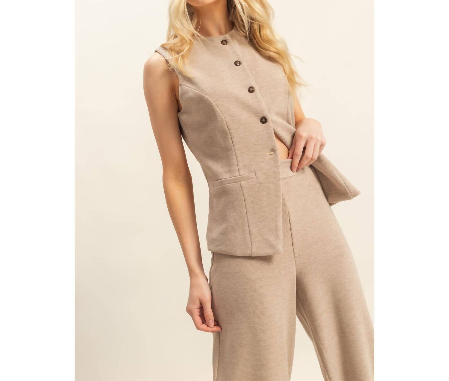 Hyfve - Ribbed Buttoned Vest And Wide-leg Pants Set