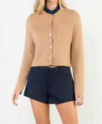 THML Ruffle Trim Neckline Button Up Cardigan in beige - women's cardigan
