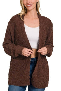 Zenana - Long Sleeve Popcorn Sweater Cardigan With Pockets