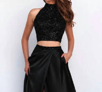 Sherri Hill Two Piece Halter High Slit Prom Maxi Dress in black - women's dress - detail view