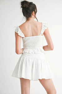 Mable - Eyelet Ruffle Sleeve Top And Mini Skirt Set