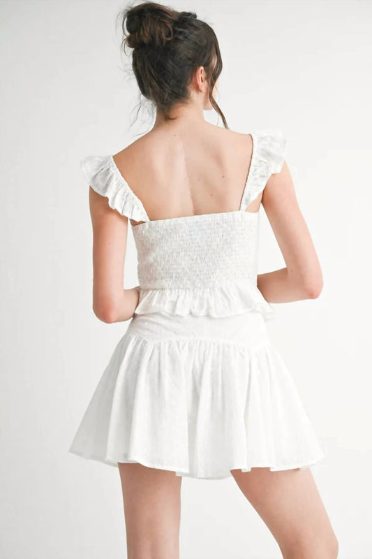 Mable - Eyelet Ruffle Sleeve Top And Mini Skirt Set