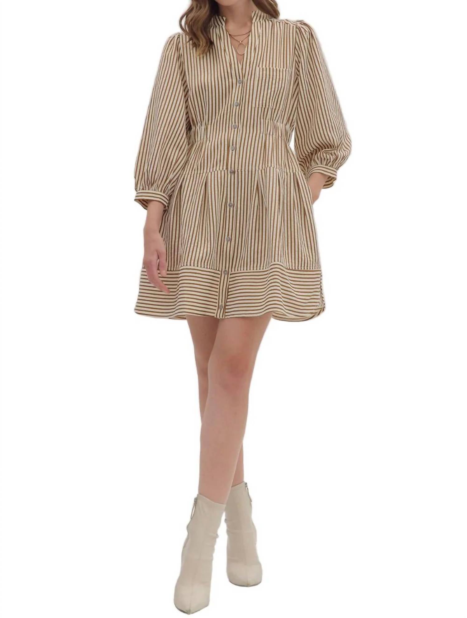 Entro - Striped Three Quarter Puff Sleeve Mini Dress