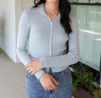 Elle Grey Ribbed Button Up Sweater in baby blue - women's sweater - detail view