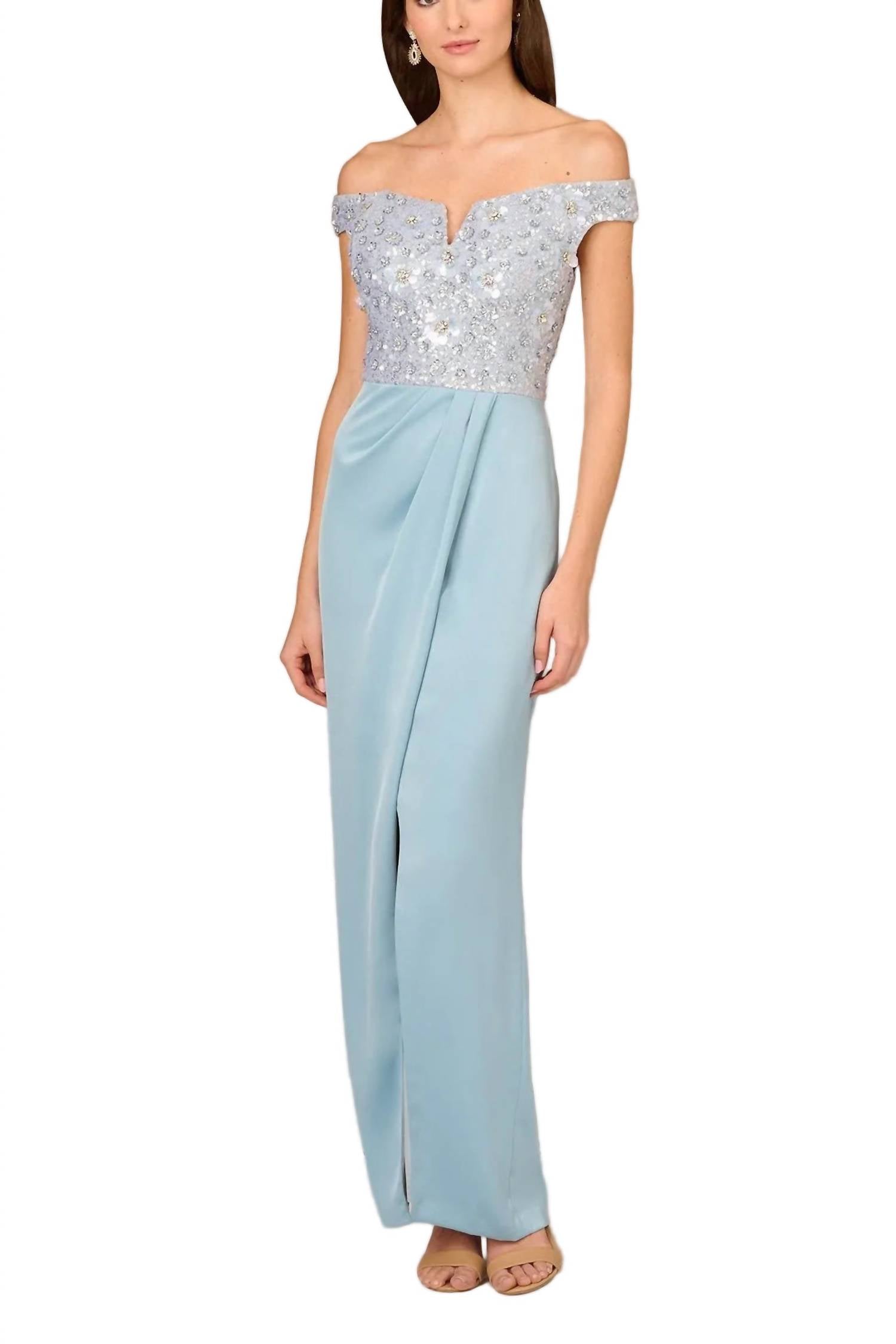 Aidan Mattox - Off-shoulder Beaded Satin Combo Long Dress