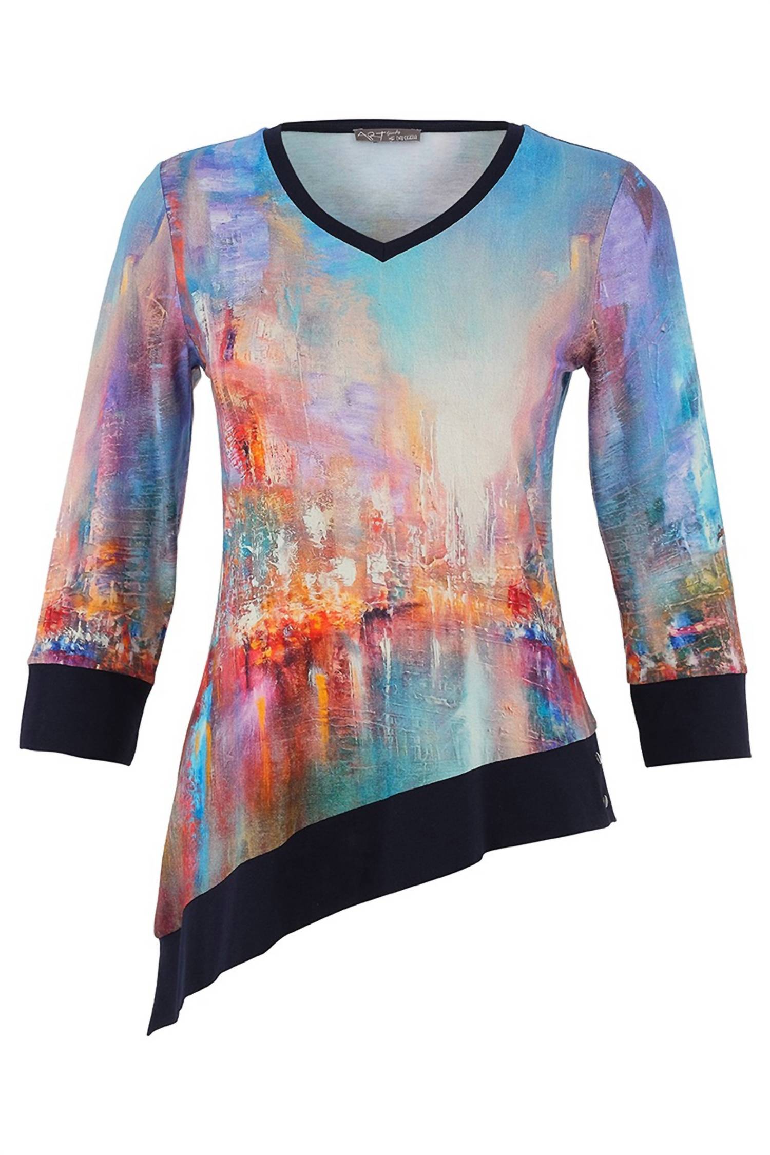 Dolcezza - City Print Asymmetric Hem Quarter Sleeve Top