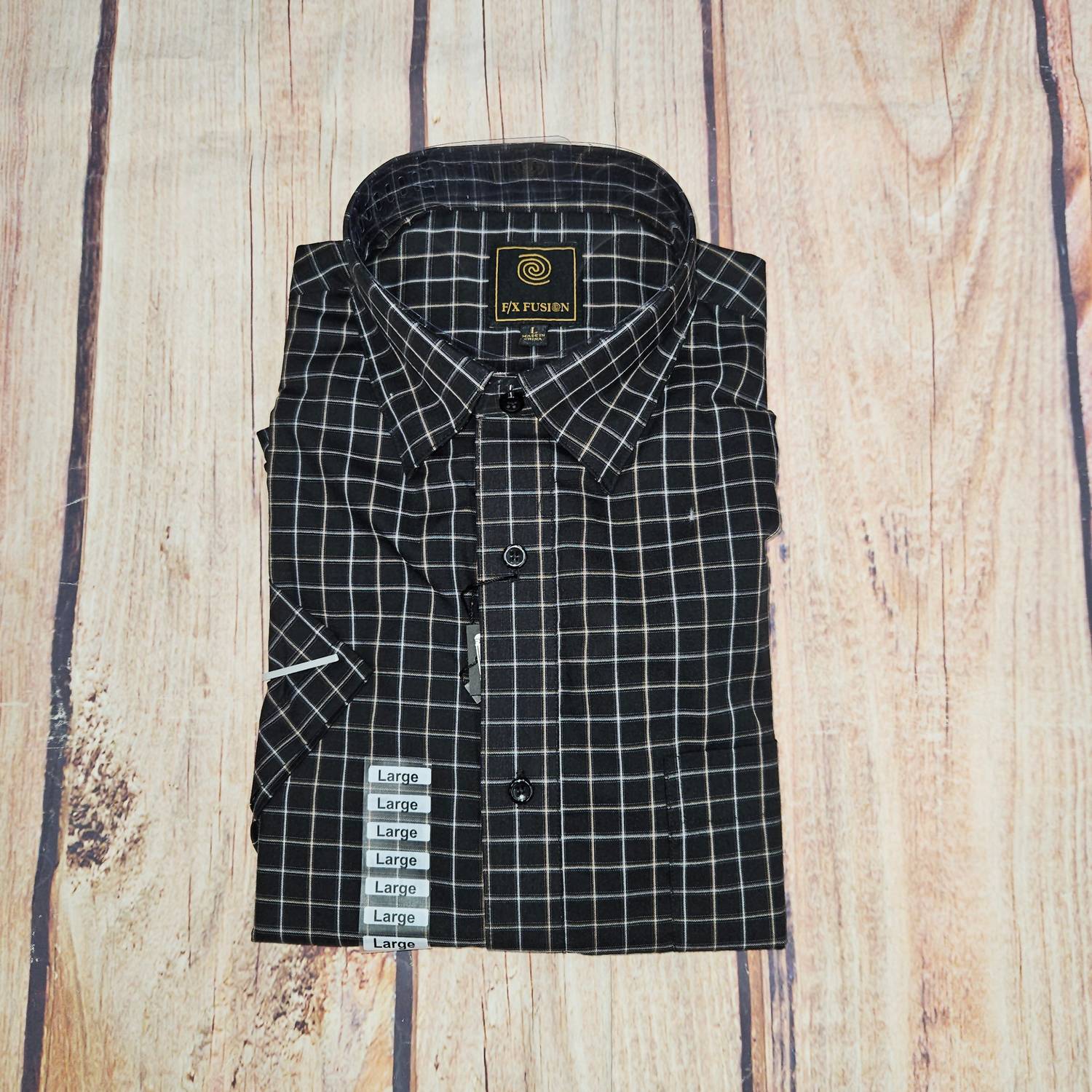 F/X Fusion Men's Short Sleeve Textured Check Shirt in black tan silver - men's shirt - detail view