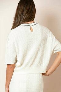 JESSIE LIU Short Sleeve Cable Knit Sweater in ivory - women's sweater - detail view