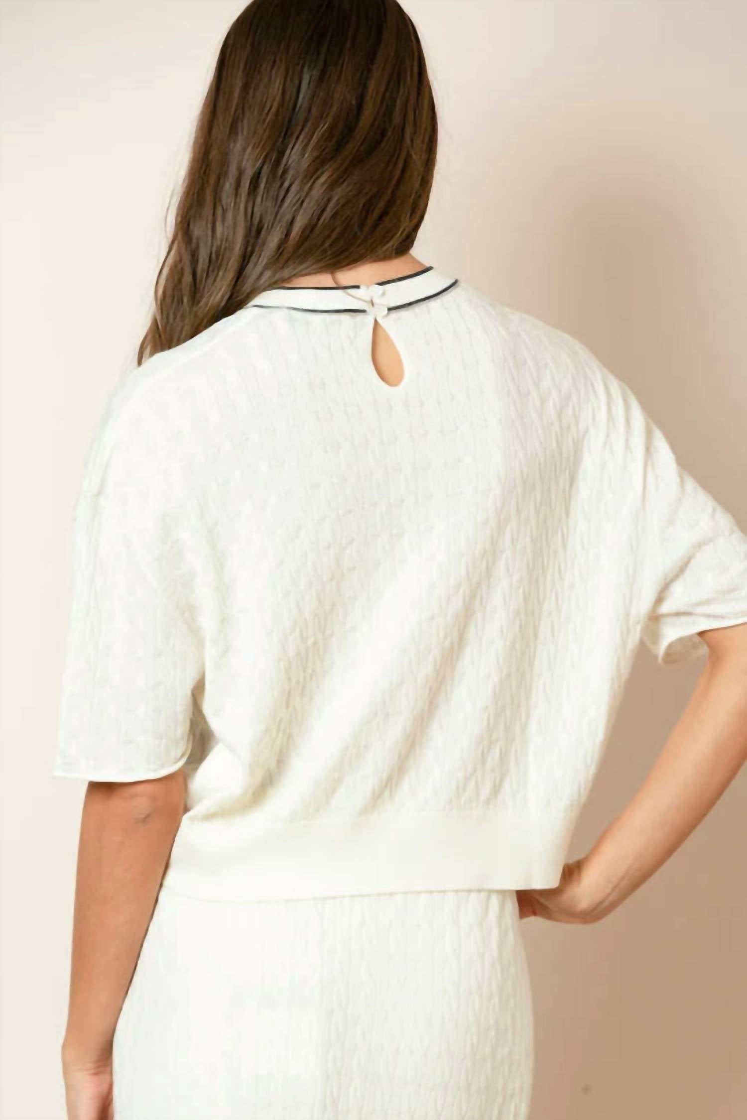 JESSIE LIU Short Sleeve Cable Knit Sweater in ivory - women's sweater - detail view