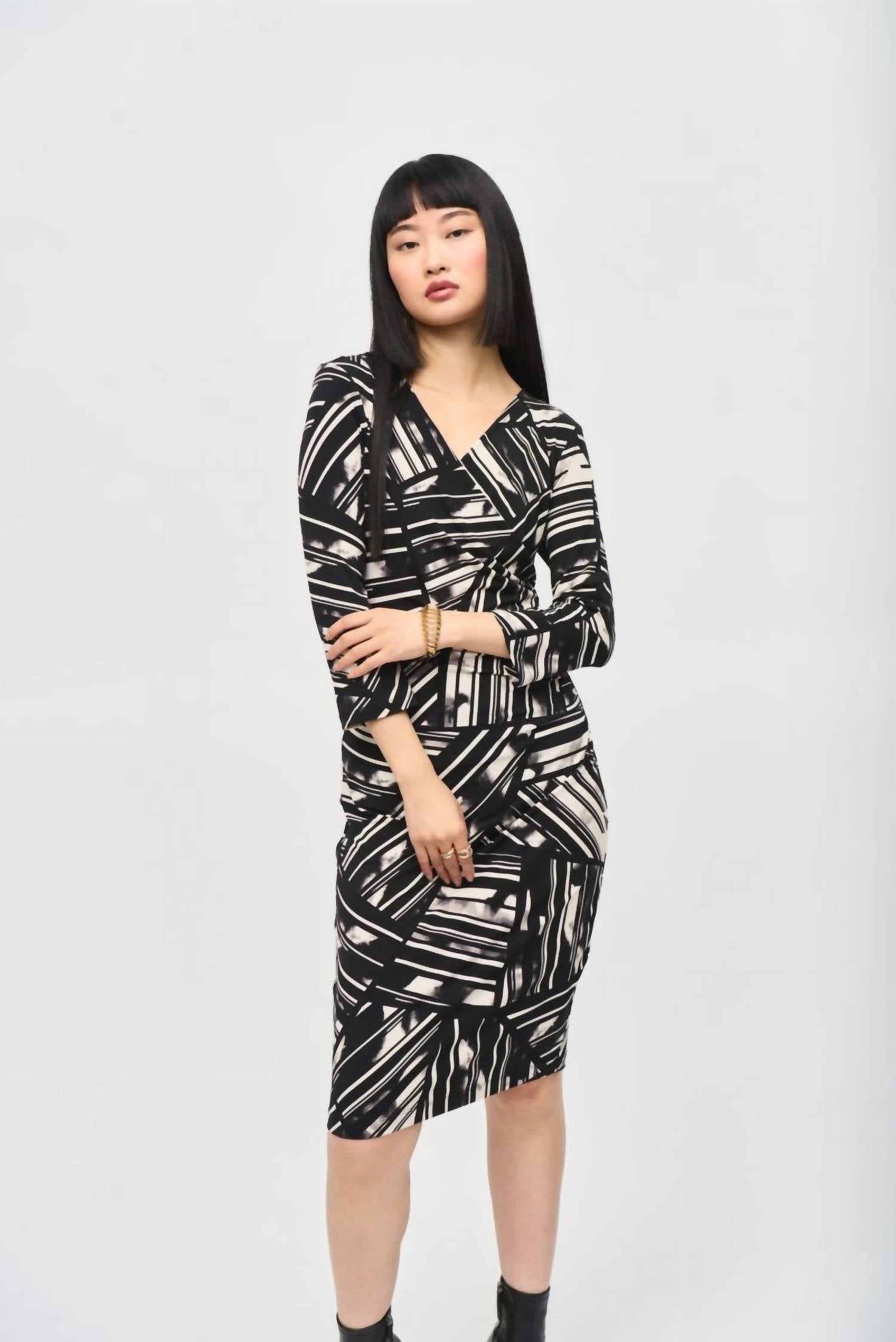Joseph Ribkoff - Abstract Stripe Faux Wrap Sheath Dress
