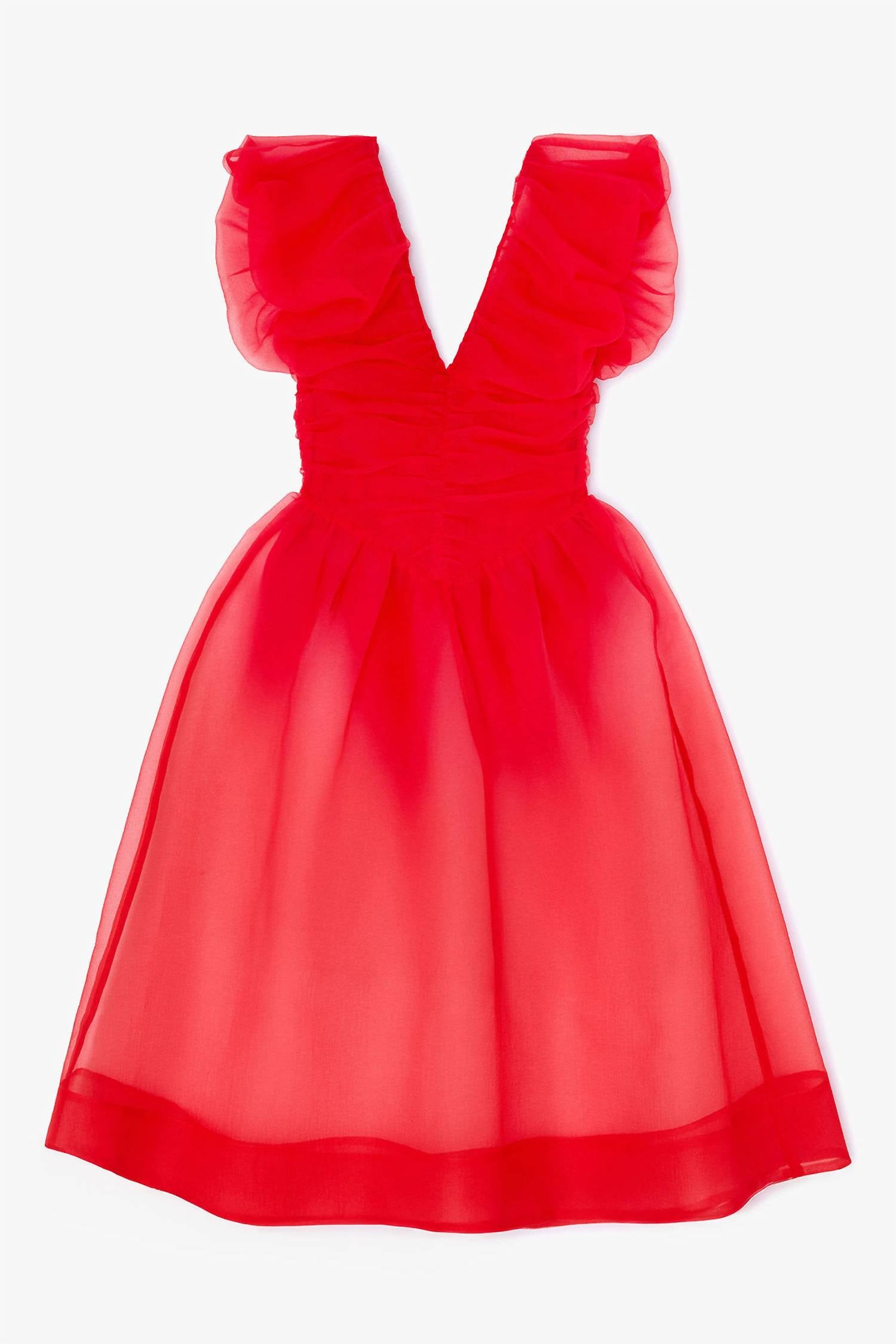 GANNI Textured Organza Long Ruched Dress in marsred - women's dress - view 4
