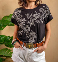 Paparazzi - Jersey Knit Embroidered Roll-Cuff Tee