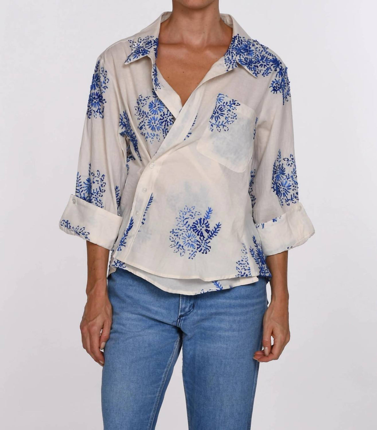 Cissa - Embroidered Asymmetric Button-up Overshirt