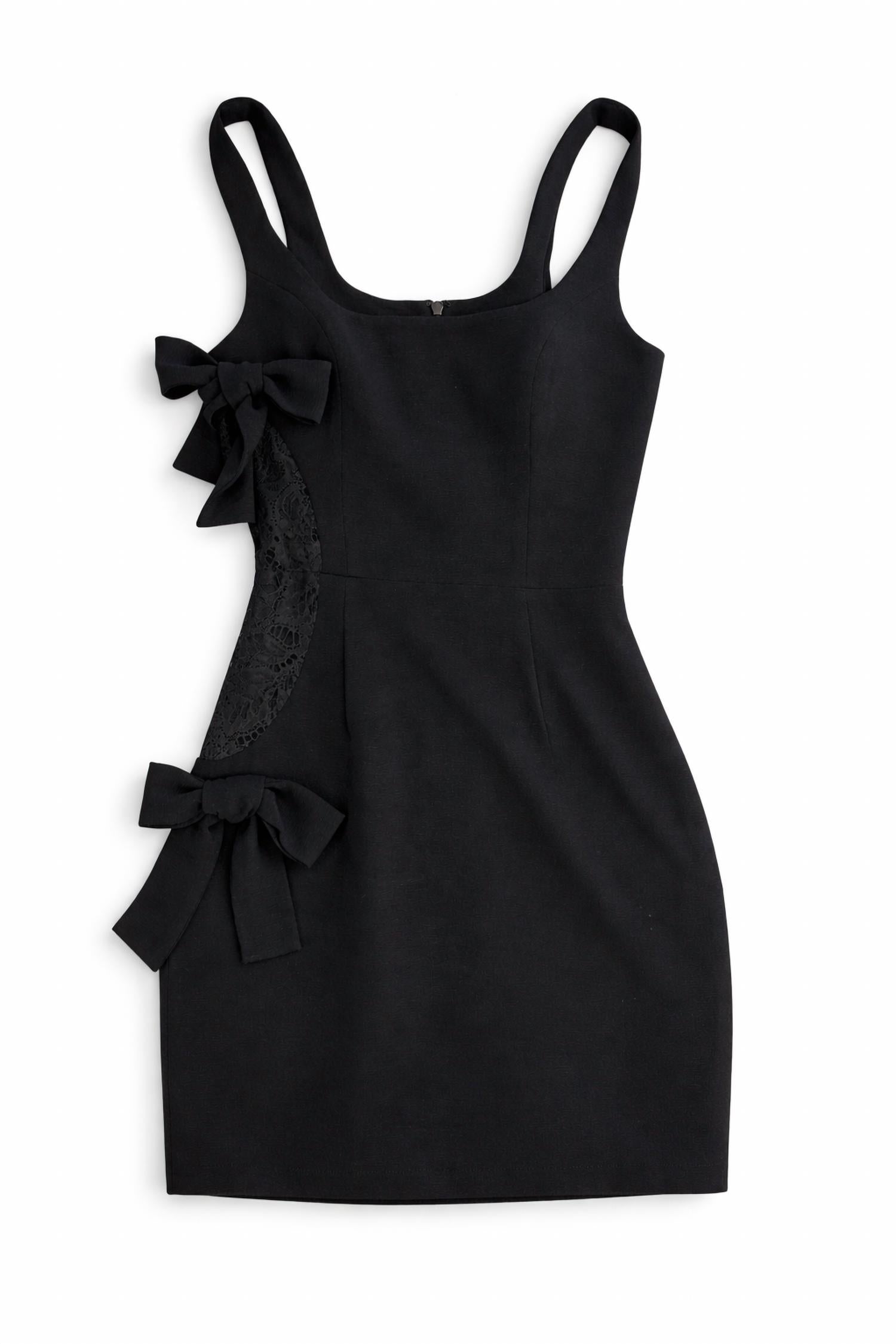 DRESS THE POPULATION Lace Side Bow Mini Dress in black - women's dress - detail view