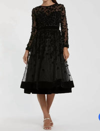 Mac Duggal - Embellished Long Sleeve Velvet Trim A-Line Midi Dress