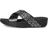 fitflop Women's Lulu Crystal Mix Metallic Cross Wedge Slides in all black - women's sandal - detail view
