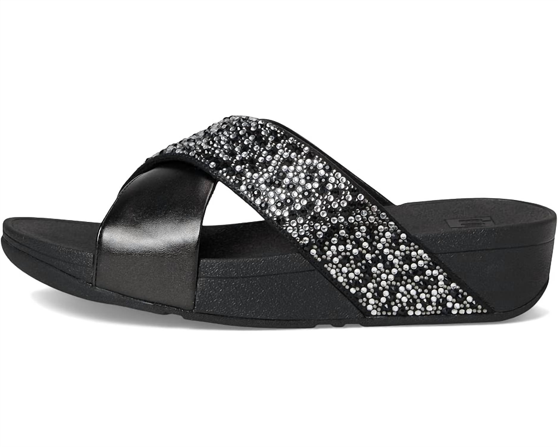 fitflop Women's Lulu Crystal Mix Metallic Cross Wedge Slides in all black - women's sandal - detail view