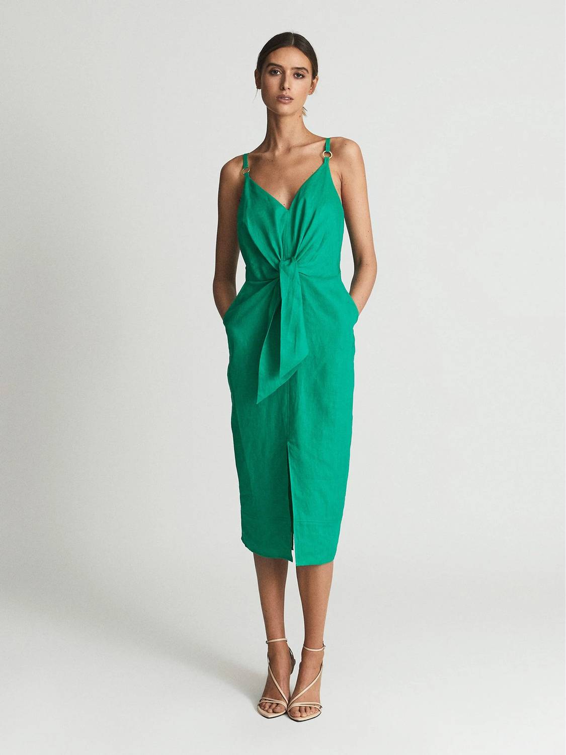Reiss - Kay Tie Front Linen Blend Midi Dress