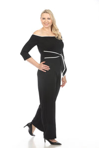 Joseph Ribkoff - Contrast Trim Off-shoulder Wide Leg Jumpsuit