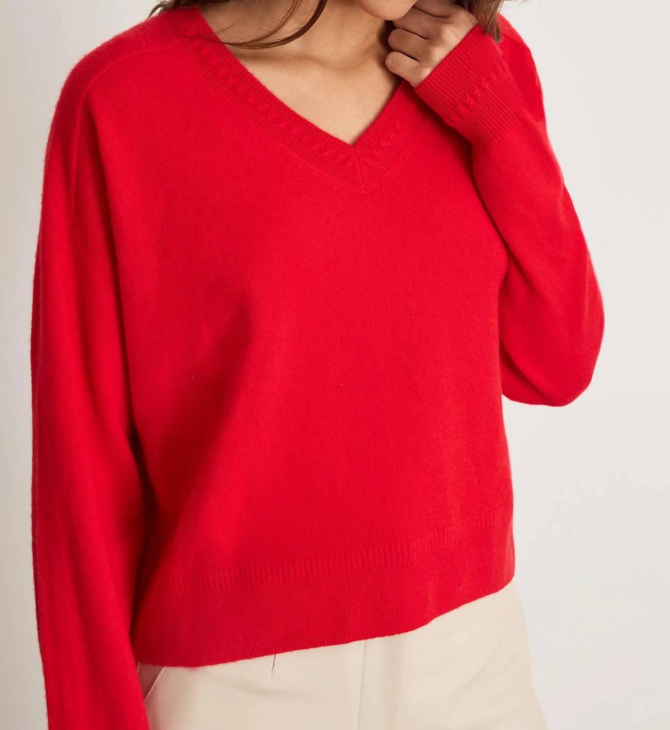 TANYA TAYLOR Audrey Cashmere V-neck Sweater Top in scarlet - women's sweater - view 4